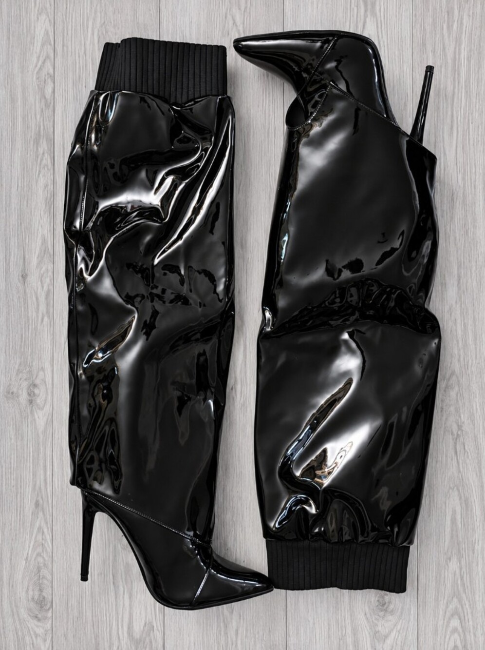 Sleek Black Patent Knee High Stiletto Boots